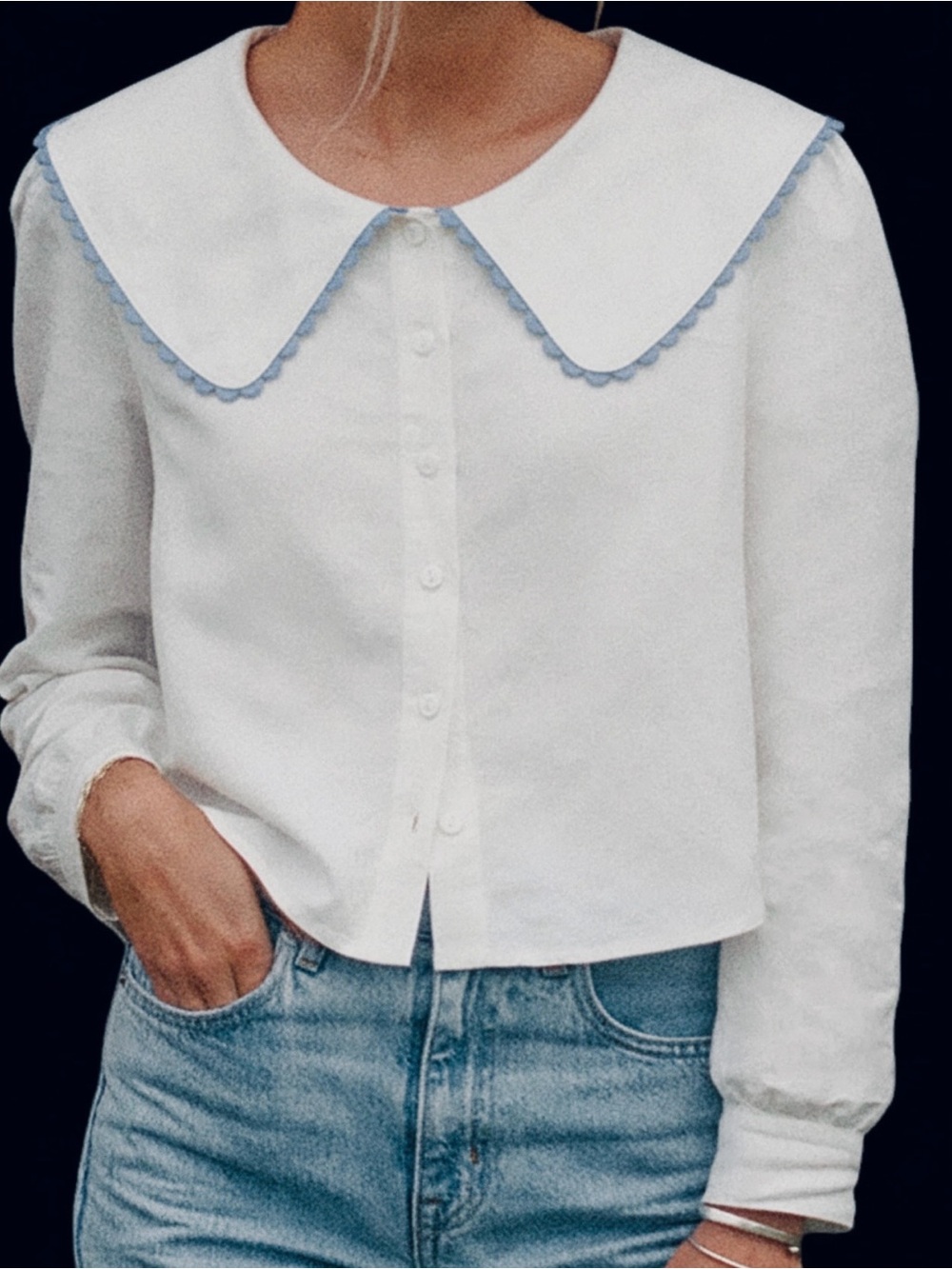 Few Moda Linen Alfresco Top White Button-Front Blouse Blue-Trim Peter Pan Collar